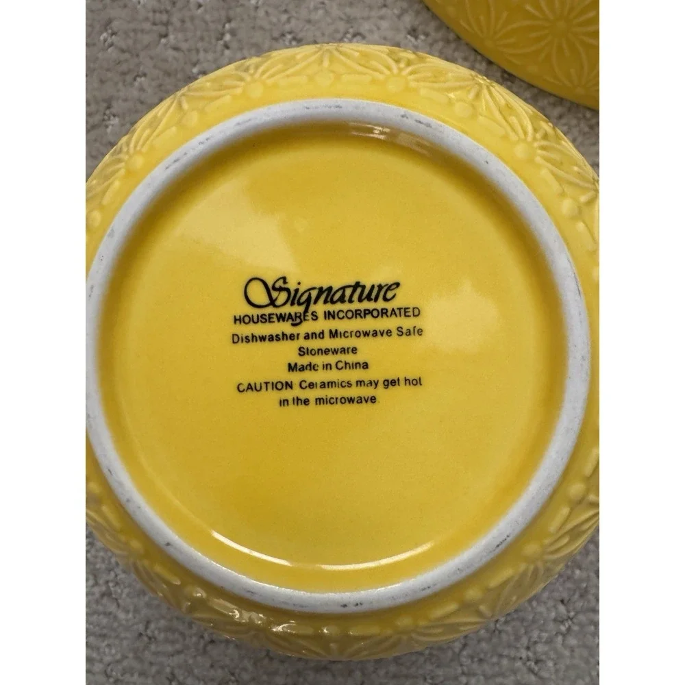 SIGNATURE Brand Embossed Yellow Teal Interior Design Ceramic Bowls (3 in Set)